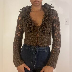 Anthropologie Crochet Loop Fringe Cardigan Sweater Textured loop knit sweater